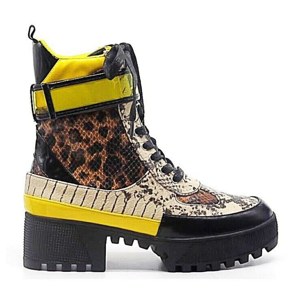 Snake/ Leopard Yellow Multi Combat Bootie - Picture 3 of 4